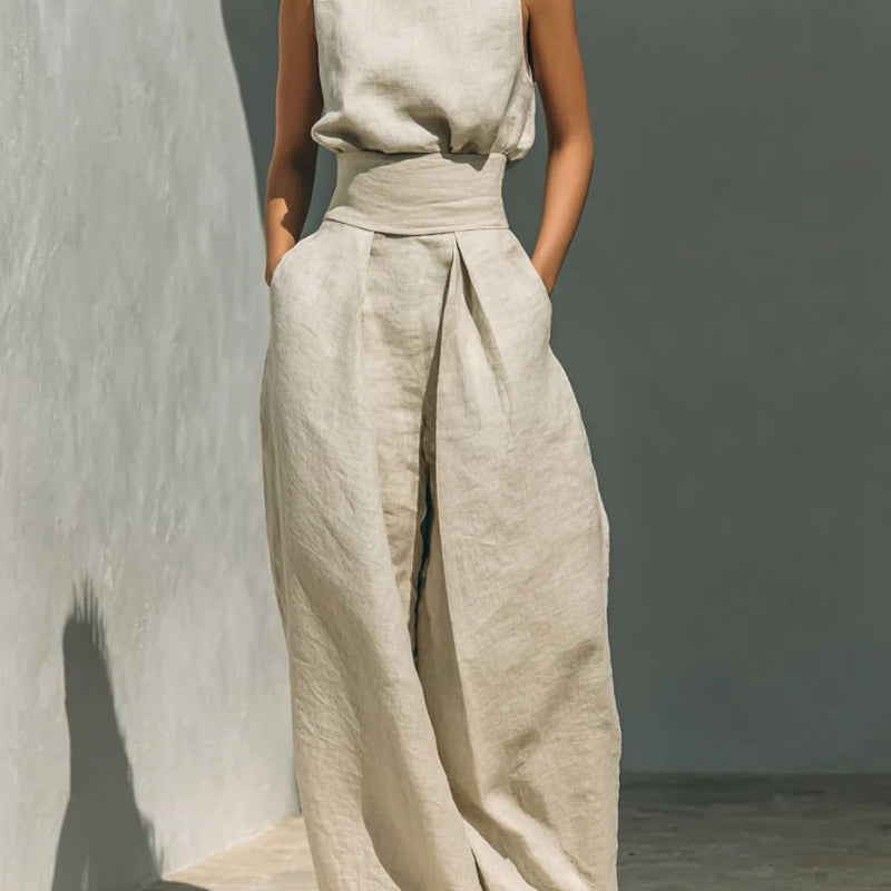 Stand-up Collar Pullover Top And Loose Straight-leg Trousers