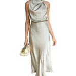 Draped Halter Neck Satin-Finish Midi Dress 