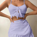 Broderie Anglaise Tie-Front Crop Top, Bikini Bottom & Ruffle Mini Skirt 3-Piece Beach Set - light blue