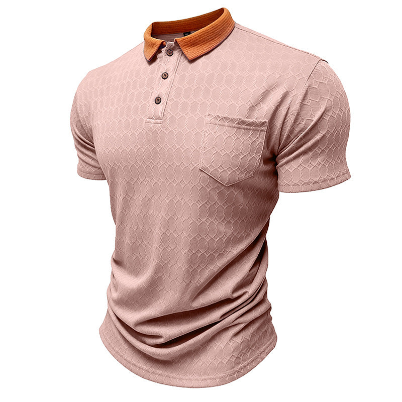 Honeycomb-Texture Contrast Collar Loose-Fit Moisture-Wicking Short-Sleeve Polo Shirt