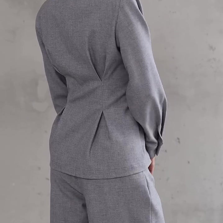Light Grey V-Neck Asymmetrical Button Top & Wide-Leg Pants Set - grey
