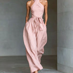 Linen Cross-Strap Wide-Leg Jumpsuit - pink
