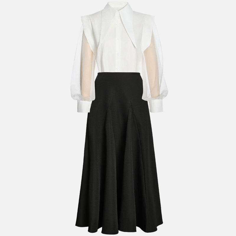 Black & White Oversized Shoulder Shirt & High-Waisted Maxi Skirt Set