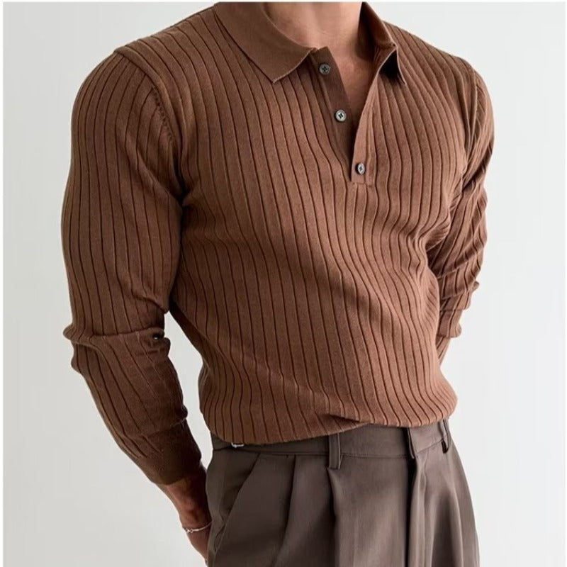Men's Ribbed Long Sleeve Knit Polo Shirt - dark brown