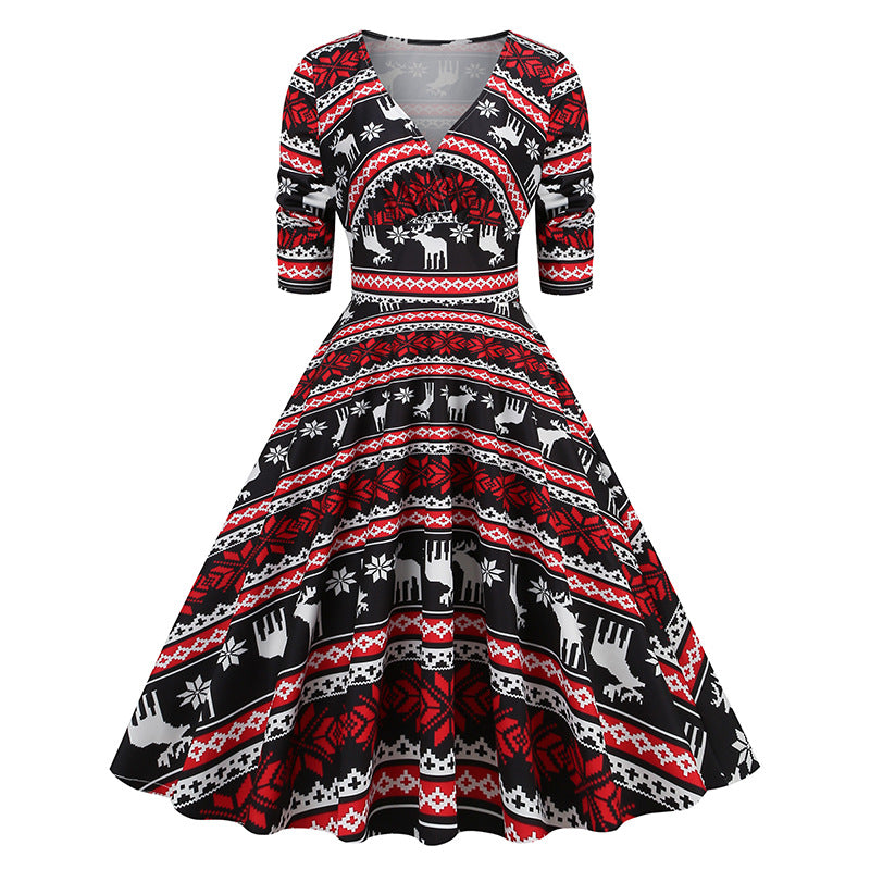 Snowflake Stripe V-Neck Midi Dress