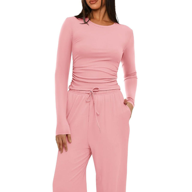 2 Pieces Long Sleeve Tops High Waisted Wide Leg Pants - pink