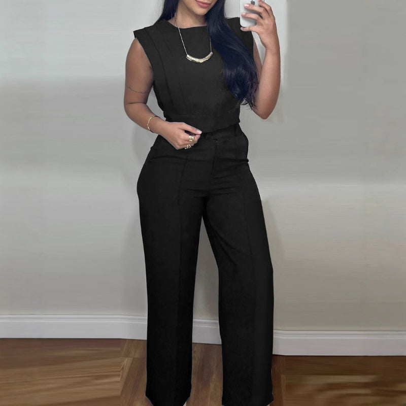 Round Neck Vest Top And Pocket Straight Pants Set - black
