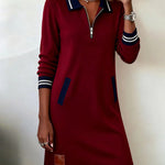 Lapel Zipper Pockets Long Sleeve Dresses - dark red
