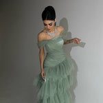 Elegant Light Green Strapless Mermaid Maxi Dress With Layered Tulle Skirt
