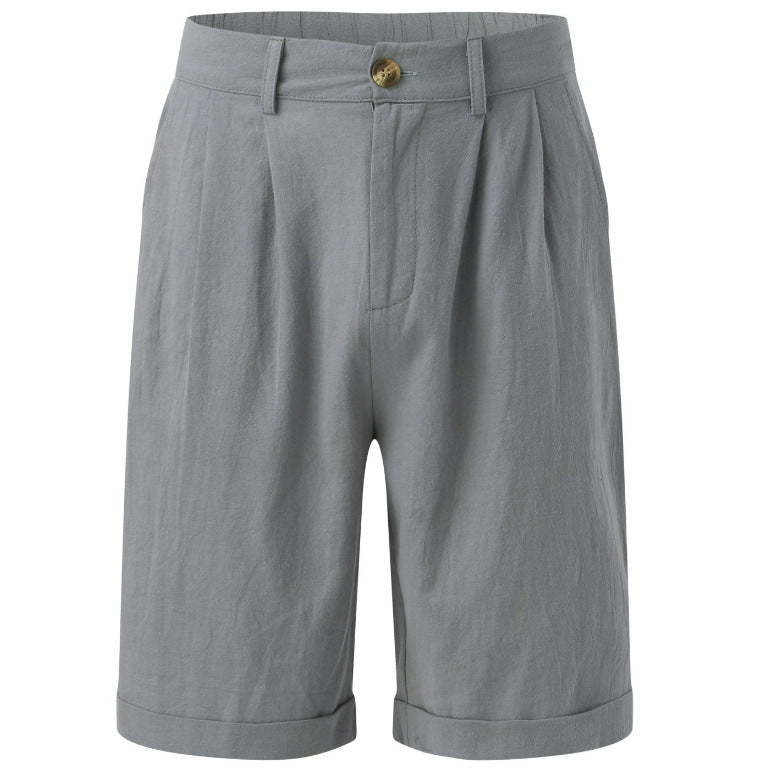 Pleated Linen Shorts with Turn-Up Hem - grey