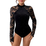 Black lace bodysuit with long sleeves on a white background