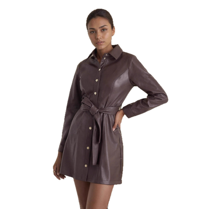 Belted Long-sleeve Leather Coat