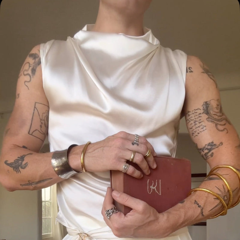 Ivory Satin Asymmetric Sculptural Draped Cowl-Collar Sleeveless Top