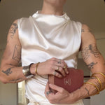Ivory Satin Asymmetric Sculptural Draped Cowl-Collar Sleeveless Top