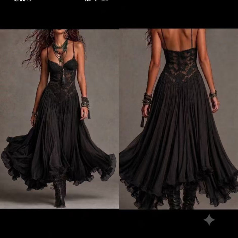 Lace-Detail Flowing Midi Dress - black