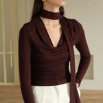 Ribbon V-neck Scarf Long-sleeved Base Top