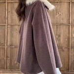 Brown Oversized Coat With White Faux Fur Collar