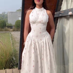 White Floral Print Turtleneck Sleeveless Waist-Cinched Maxi Dress