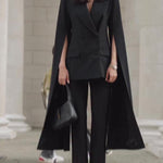 Black Cape Blazer Suit With Cropped Pants Set
