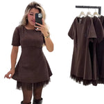 Embellished Short Sleeve Mesh-Hem Mini Dress - row