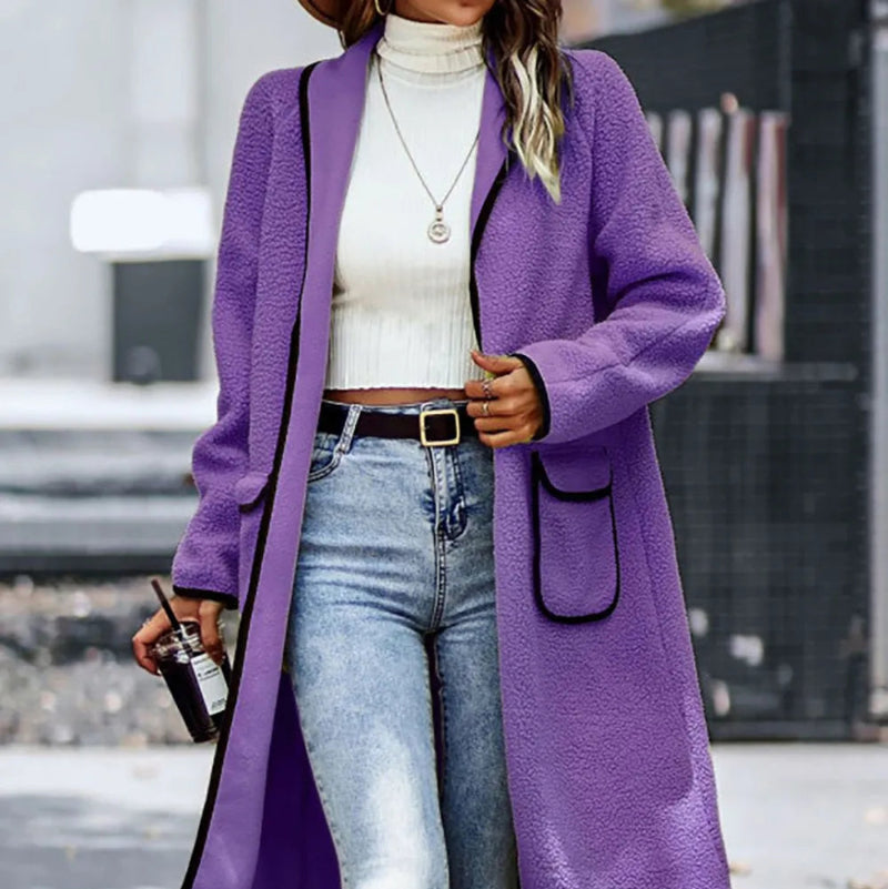 Contrast Trim Long Sleeve Coat with Pockets - runwayfashionista.com