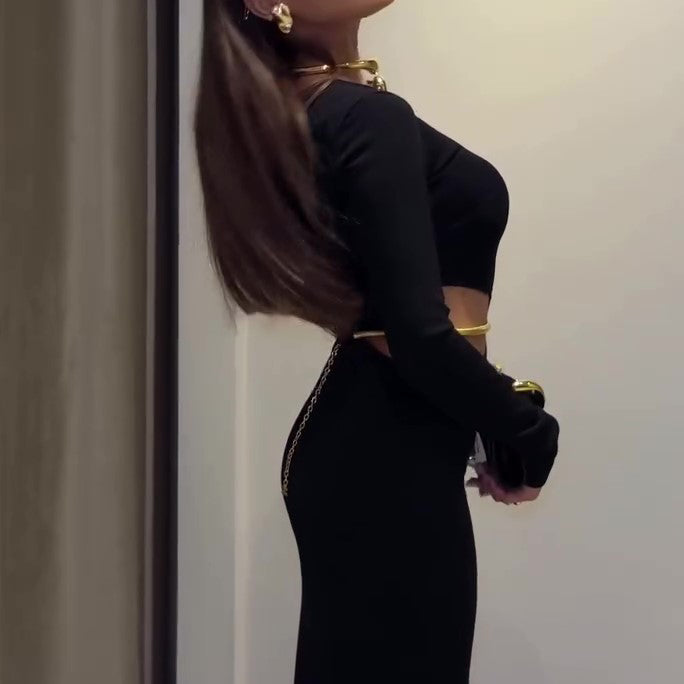 Black Cutout Waist Long-Sleeve Maxi Dress-Includes Waist Chain