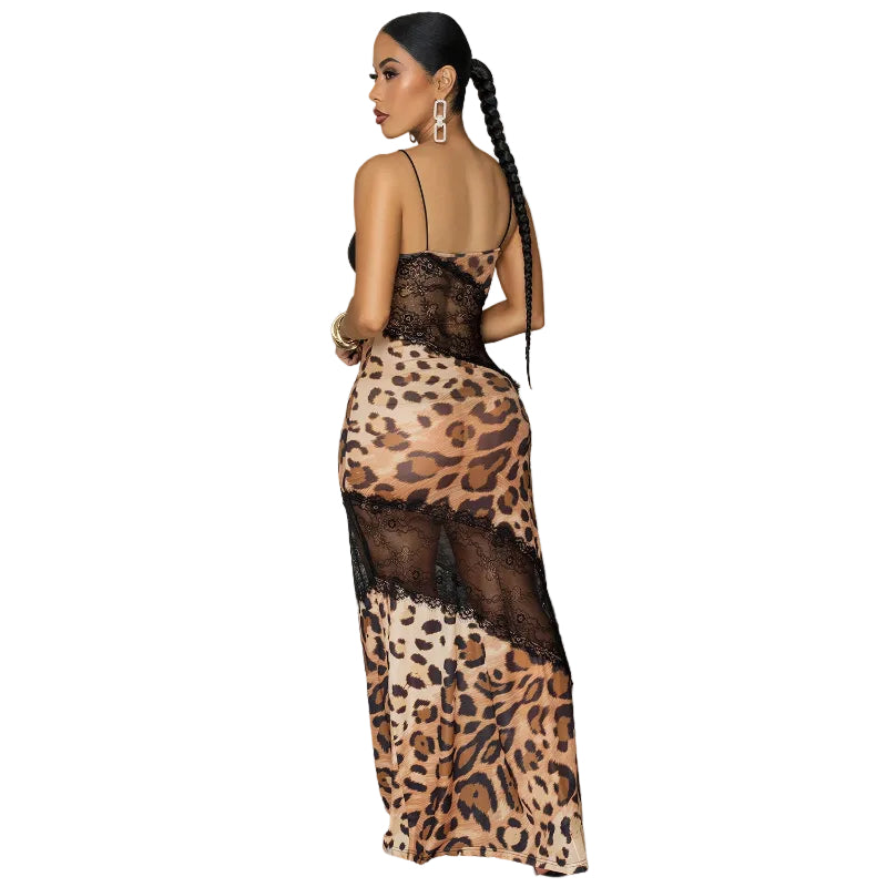 Leopard Print Lace-Panel Fishtail Maxi Dress
