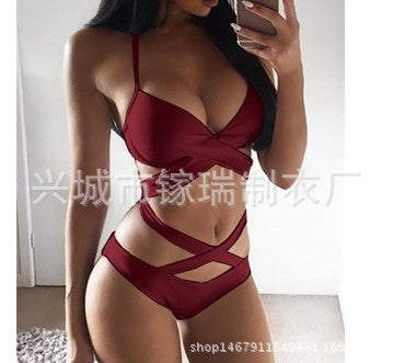 Criss-Cross Wrap Bandage Underwire V-Neck Spaghetti-Strap Bikini Set