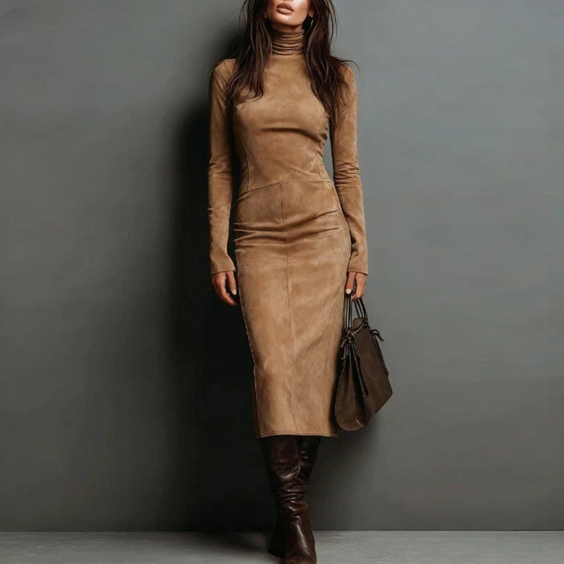 Turtleneck Long-sleeved Midi Dress - khaki
