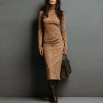 Turtleneck Long-sleeved Midi Dress - khaki