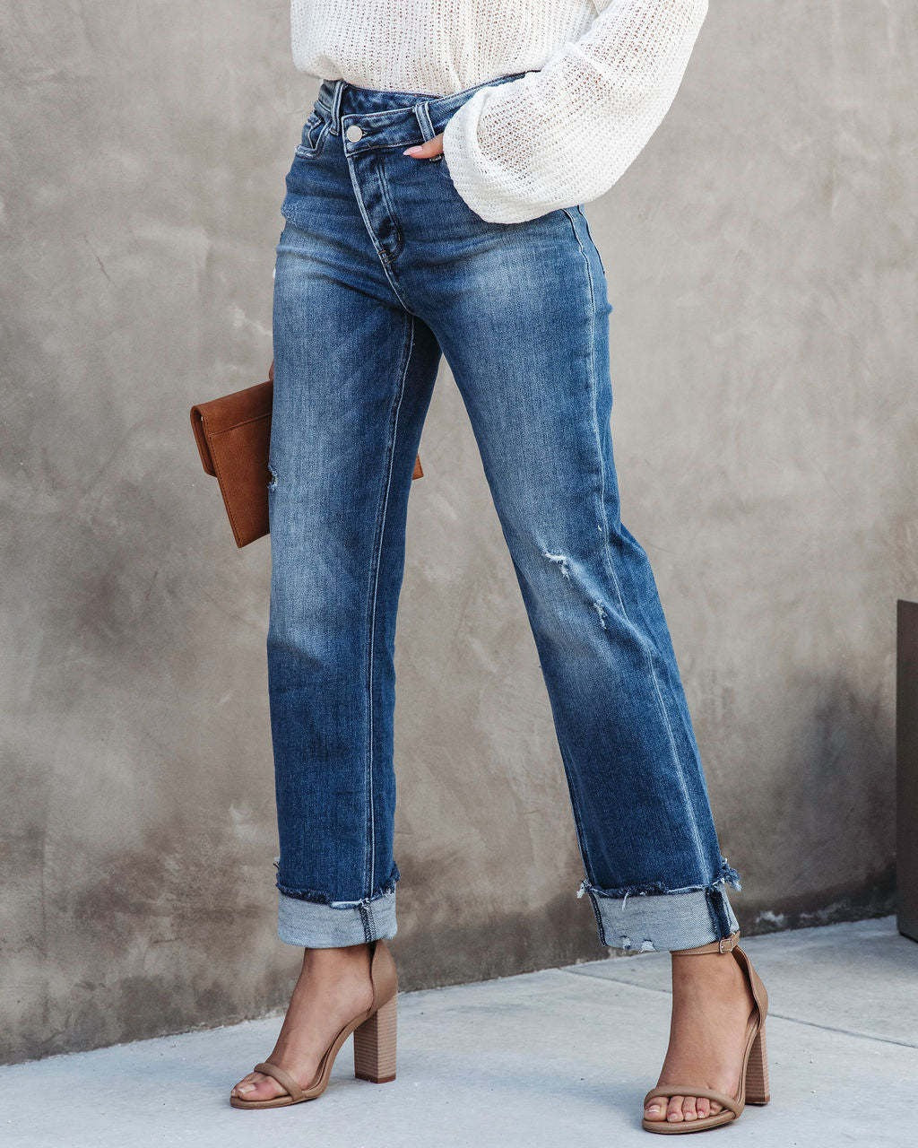 High Waist Button Splicing Straight Jeans - runwayfashionista.com