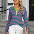 Striped Notched Long Sleeve T-Shirt - runwayfashionista.com