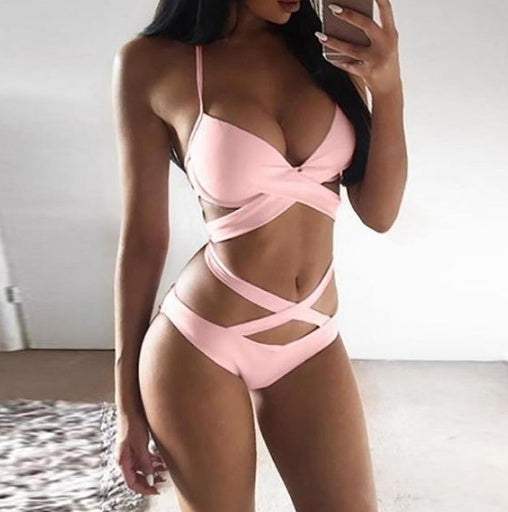 Criss-Cross Wrap Bandage Underwire V-Neck Spaghetti-Strap Bikini Set