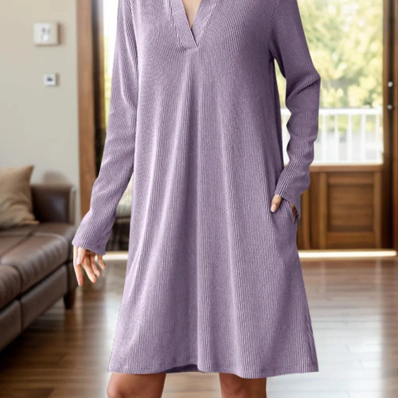 Notched long sleeve mini dress - runwayfashionista.com