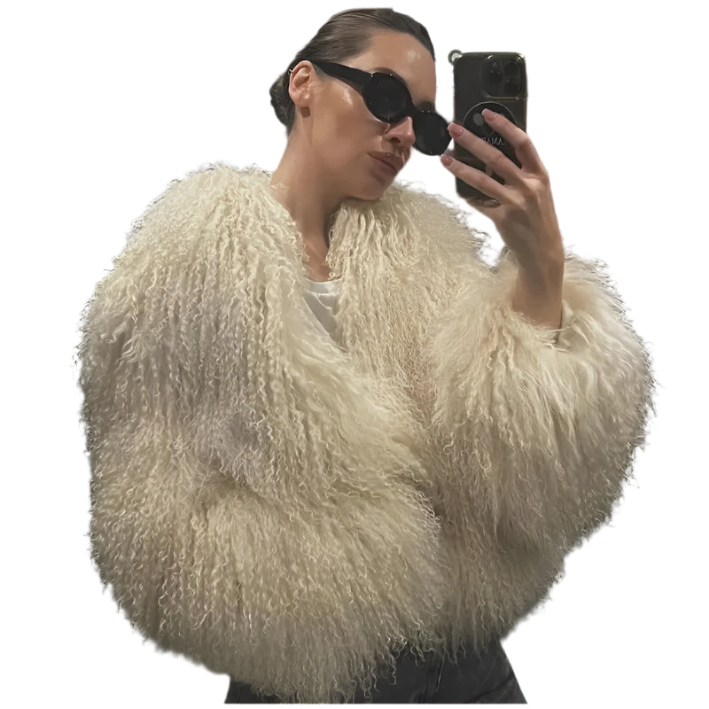 Synthetic Fur Round Neck Long Sleeved Jacket