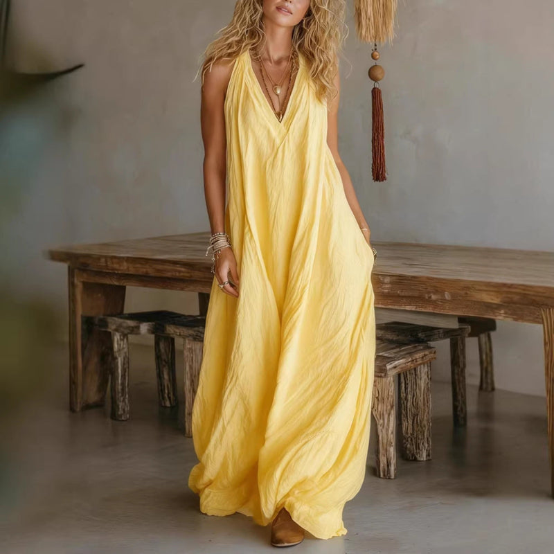 Casual Sleeveless Loose Fit Vest V-neck Maxi Dress With Front Pockets - yellow