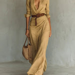 Belted Wrap-Drape Maxi Shirt Dress - khaki - khaki