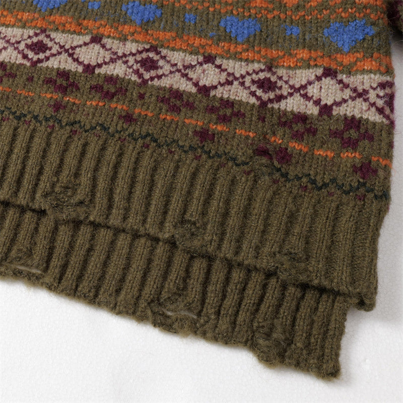 Forest Green Jacquard Turn-down Collar Sweater