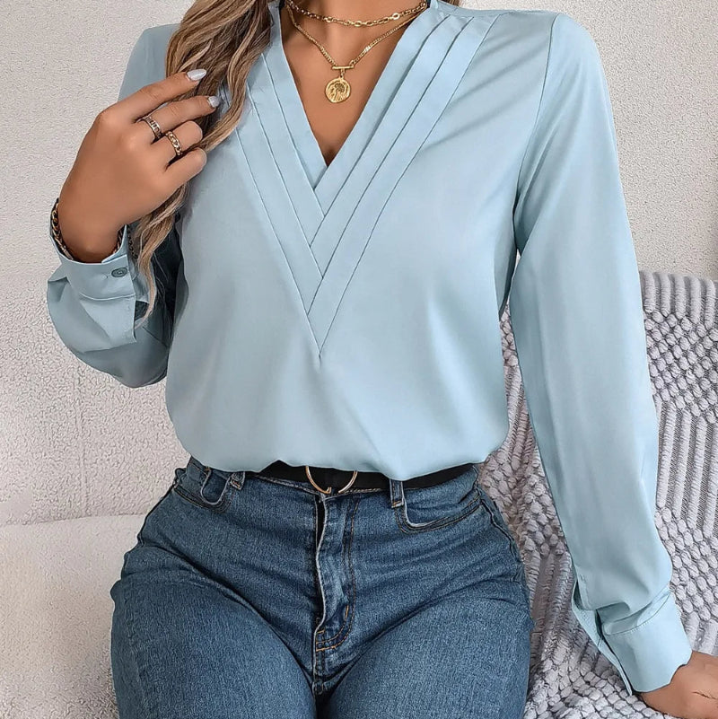 V-Neck Long Sleeve Blouse - runwayfashionista.com