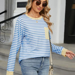 Pocketed Striped Round Neck Long Sleeve T-Shirt - runwayfashionista.com