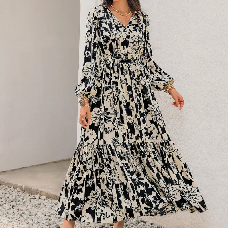 Smocked Printed Tie Neck Long Sleeve Dress -runwayfashionista.com