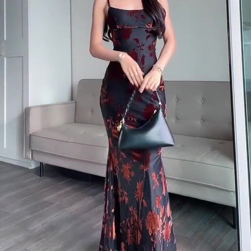 Flocked Strappy Maxi Dress