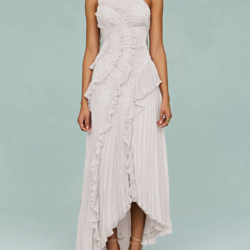 Ruffled Pleated Halterneck Midi Dress - white