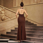 Chocolate Brown Glitter-Knit Deep V-Neck Halter Ruched-Waist Backless Mermaid Evening Gown
