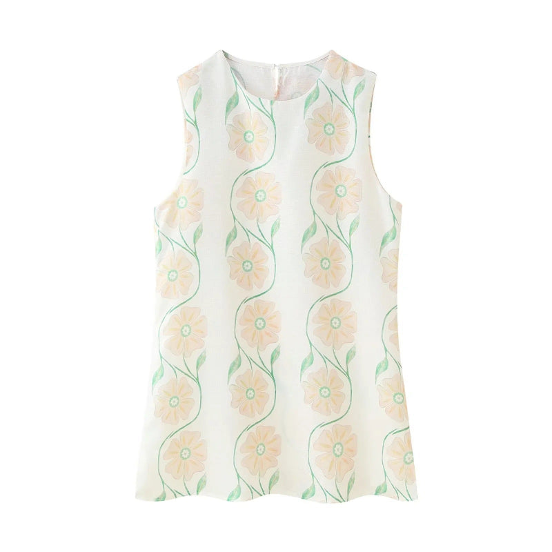A sleeveless, short dress with a round neck, mid-waist fit, and a vibrant floral print.