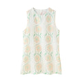 A sleeveless, short dress with a round neck, mid-waist fit, and a vibrant floral print.