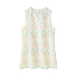 A sleeveless, short dress with a round neck, mid-waist fit, and a vibrant floral print.