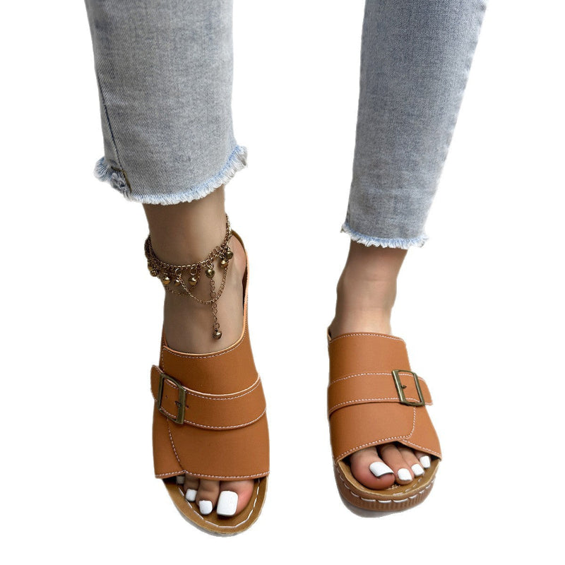 A pair of orange, thick-soled, slip-on beach sandals with a Roman-style design and a fish mouth toe. The sandals have a durable rubber outsole and a PU upper.