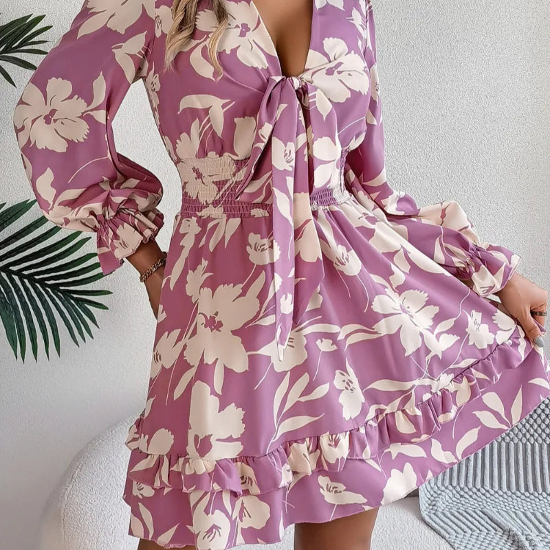Tied Ruffled Printed Long Sleeve Dress - runwayfashionista.com