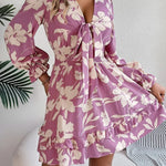 Tied Ruffled Printed Long Sleeve Dress - runwayfashionista.com